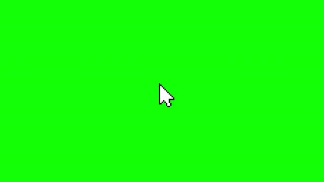 Pixel style mouse cursor with single click animation on green screen background. Retro UI interaction element for tutorials and presentations, horizontal orientation, 4K