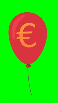 Animated red balloon with euro sign floating up on green screen, concept of currency inflation, rising prices and financial market growth. Chroma key green screen with alpha channel. (loopable)