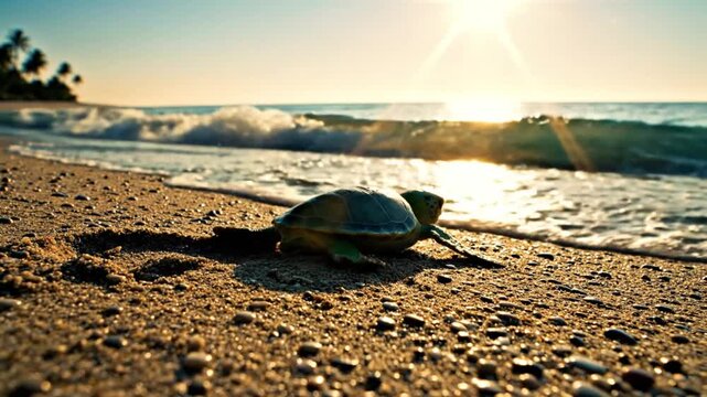 Baby sea turtle making its way to the ocean during a beautiful golden sunrise on the beach