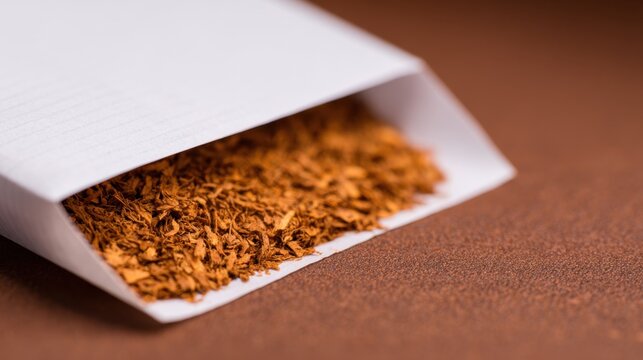 A close-up of a partially opened white pouch filled with brown shredded tobacco on a textured surface