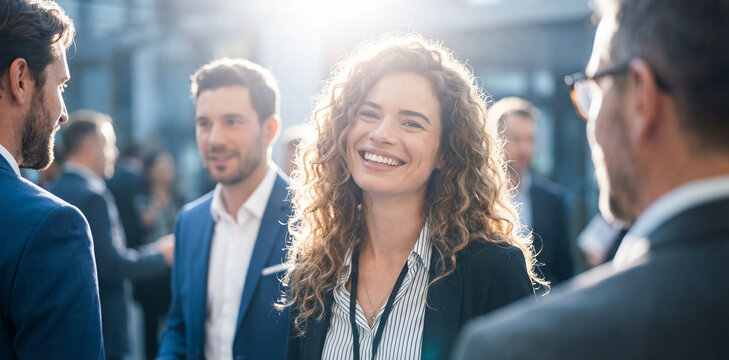 Smiling businesswoman with curly hair talking to colleagues at a sunny networking event, symbolizing professional confidence and communication