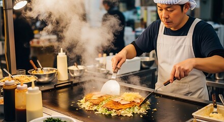 Naklejka premium Japanese chef skillfully prepares okonomiyaki, a savory pancake, on a hot griddle. Steam billows around the cooking dish, highlighting the culinary process.