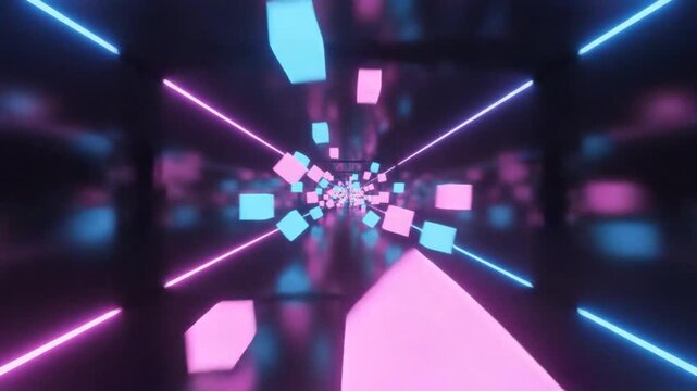 Futuristic neon tunnel with pink and blue glowing cubes and light rays for abstract background.