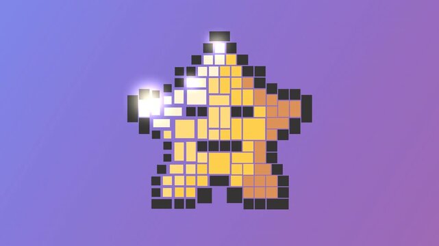 Abstract 4K 60fps retro pixel art star loop background, 8-bit gaming yellow star icon motion graphics with shiny light and purple gradient backdrop.