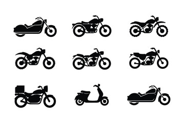 Classic motorcycle silhouette collection, vintage scooter chopper dirt bike vector icons, retro transport symbols for automotive branding design © lokman