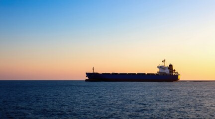 Fototapeta premium Large cargo ship sails on calm blue sea at sunset. Sky shows gradient from deep blue to soft orange. Vessel transports goods across ocean water. Wide expanse horizon shows clear weather.