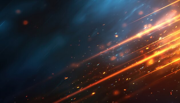 Abstract Light Effect With Full Glow Sparks Of Light On Dark Blue Background: Orange Red Rays, Crystal Flare, And Holographic Sunlight