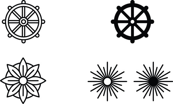 Buddhist and spiritual symbol vector icon set featuring dharmachakra dharma wheel lotus flower and starburst illustrations in line art style
