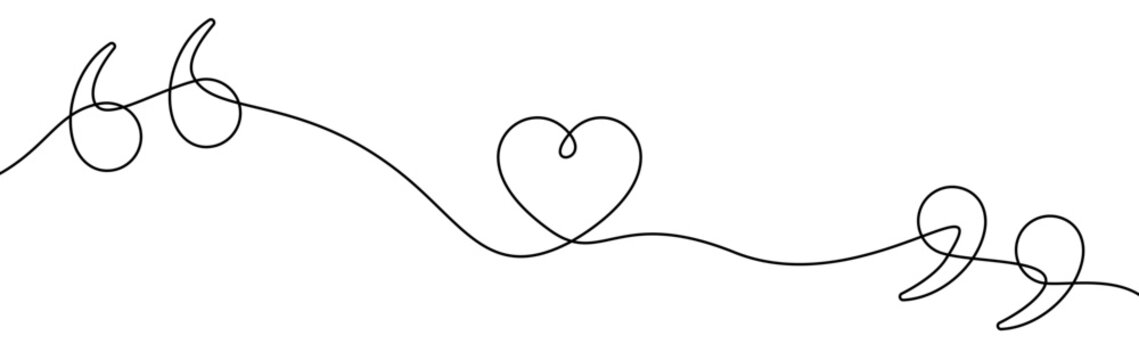 Quotation marks and a heart in line art style. Minimalist object made in black color as a continuous line. Vector illustration.