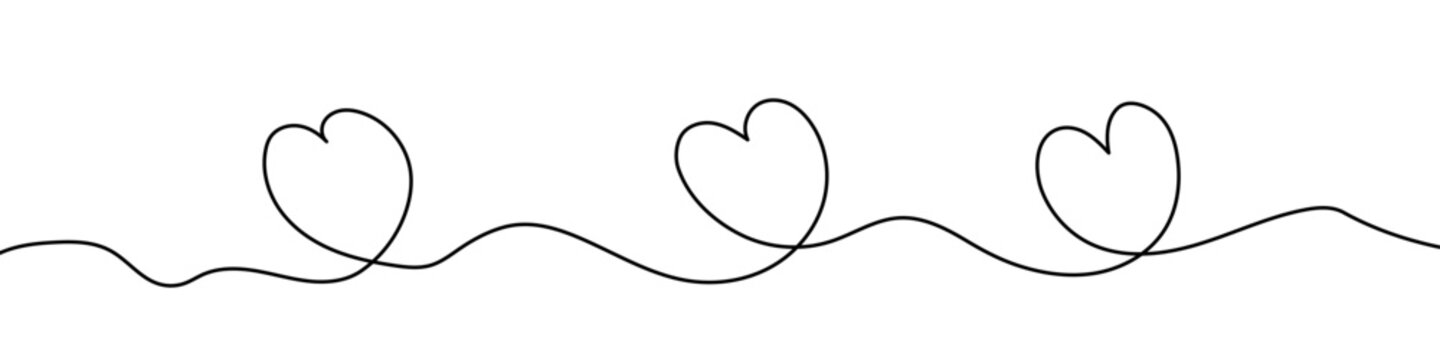 Three hearts in line art style. Minimalist object made in black color as a continuous line. Vector illustration.