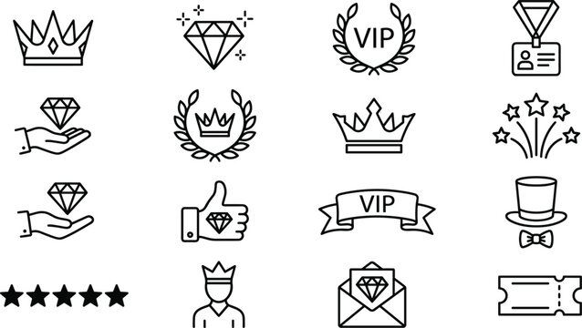 VIP Luxury Line Icon Set with Crown Diamond Laurel Wreath and Premium Membership Vector Symbols