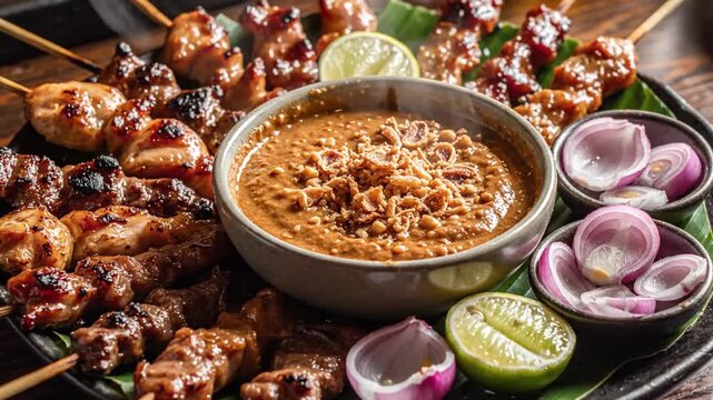 Grilled Beef and Chicken Satay with Steaming Peanut Sauce and Fresh Garnishes