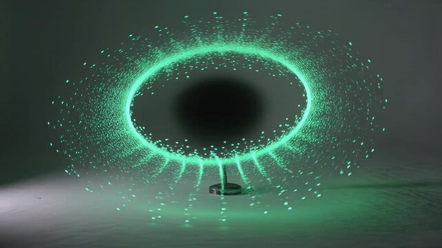 Green Holographic Digital Ring Floating Above Table in Futuristic Technology Scene