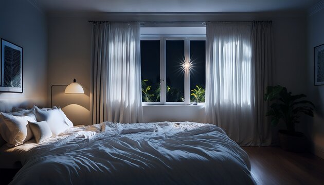 soft moonlight filters through sheer white curtains into a dark bedroom illuminating a window frame while deep shadows stretch over a bed home view room