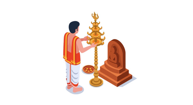 Hindu Priest Performing Traditional Aarti Ritual with Brass Lamp Isometric Illustration