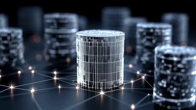 Digital representation of financial transactions taking place in a network of virtual currencies showing stacks of coins with connected nodes and lights highlighting data flow