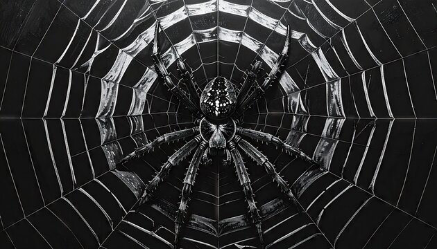 Close up of a spider centered in its web against a dark background