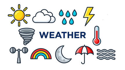 Fototapeta premium Weather Icons Set Isolated on White Background, Simple Outline Meteorology Vector Symbols, Sun Cloud Rain Lightning Tornado Thermometer Wind Measuring Tools Vector Illustration