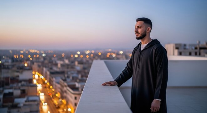 Young arabic man in traditional djellaba enjoying the city view from a rooftop at sunset