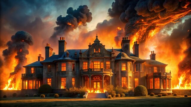 A grand manor house engulfed in flames, dramatic sunset sky, intense fire, billowing smoke, destruction, devastation