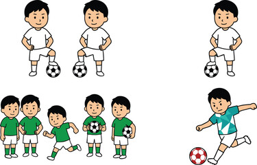 Cartoon soccer boys vector illustration collection featuring young players standing holding running and kicking a football on white background © Utpal
