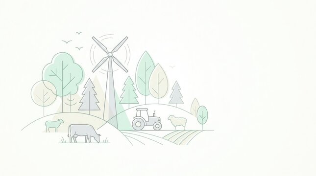 A serene landscape with a windmill, tractor, and grazing animals in a lush green countryside setting.