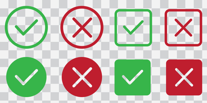 Check tick mark icon set. Cross box x check mark checkbox v list vector draw hand drawn sketch doodle brush marker checklist symbol wrong right circle. Vector Illustration. Red, Green, Black color EPS