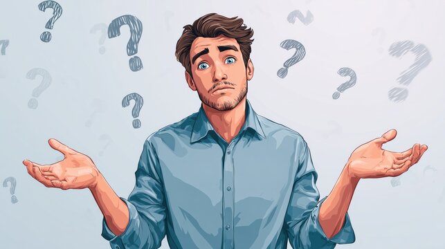 Male character in a blue shirt with a puzzled expression, shrugging shoulders, surrounded by question marks in a colorful illustration depicting confusion or uncertainty