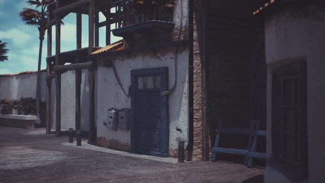 weathered coastal facade with mailboxes, shuttered doors, dried plants in pots, palm trees lining distant promenade, soft midday light, subtle grainy texture,