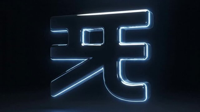 Metallic 3 d chinese character for heaven (tian) with glowing rim light and cinematic reflections on dark background
