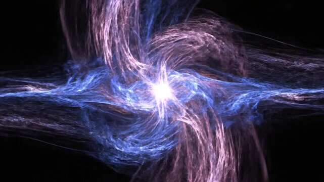 Intricate abstract fractal animation featuring translucent blue and pink ethereal patterns. The design displays complex geometric symmetry and soft glowing edges on dark background.