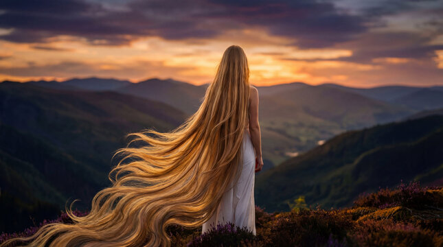 Woman with incredibly long flowing blonde hair standing on a mountain peak at sunset, embodying fantasy and beauty