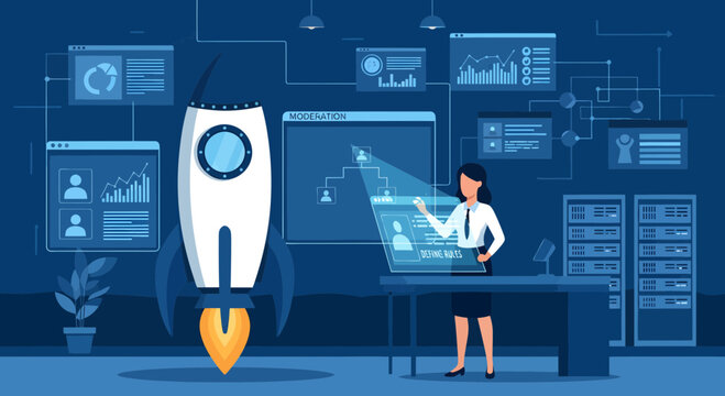 Businesswoman Interacting with Virtual Interface.