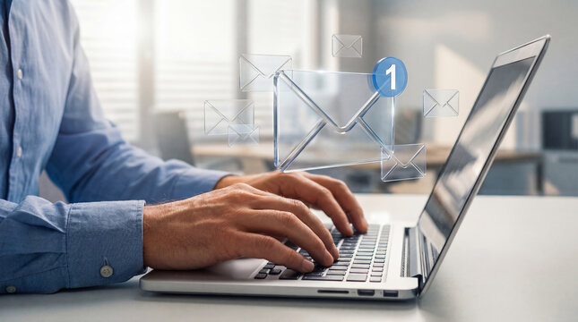 Businessman typing on a laptop with floating 3D email icons, highlighting a new message notification
