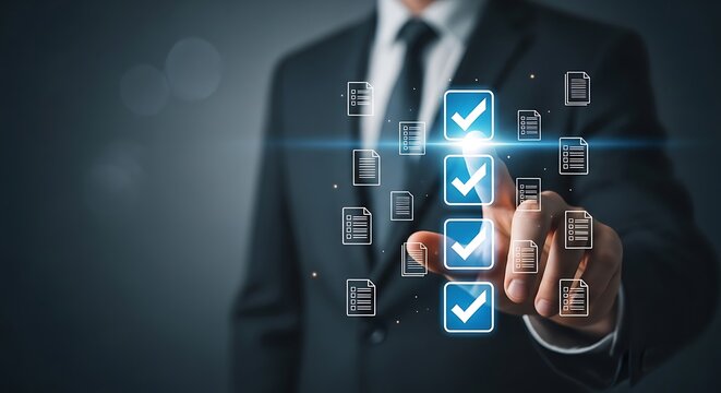 Businessman interacting with digital interface, checking boxes, futuristic technology