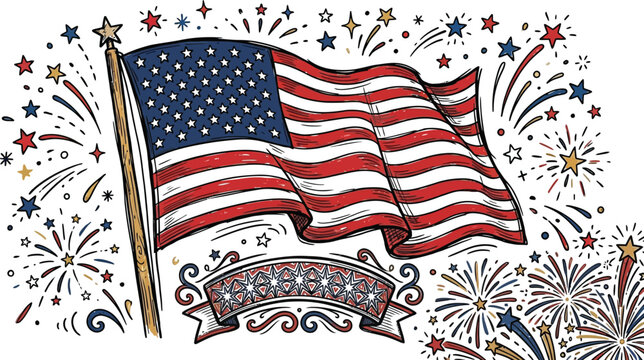 American flag waves proudly against a background of bright firework bursts.