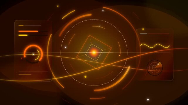 Futuristic digital interface with glowing orange geometric elements and dynamic scanning data analytics video motion