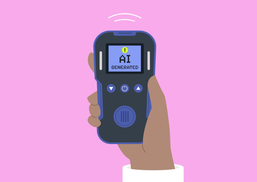 A hand holds a detector against a vibrant pink background, The screen flashes AI Generated, highlighting the growing flood of synthetic content and the challenge of spotting what&rsquo;s fake online.