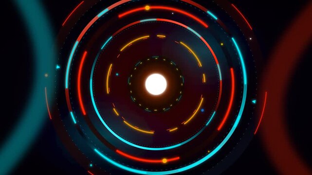 Abstract glowing neon circles rotating in a dynamic digital motion sequence for modern technology video backgrounds