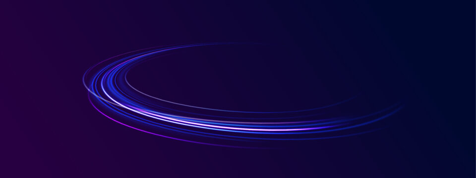 Electric neon circles spin in abstract dark space field. Glowing trails form smooth dynamic rotation motion. Futuristic light creates energy vortex feel.