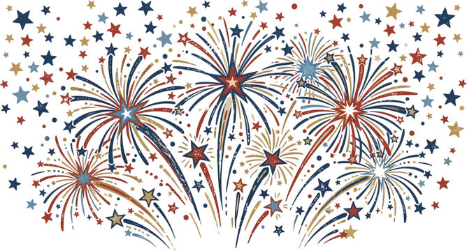 Fireworks illuminate the dark sky with scattered red and blue star shapes.