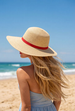 Rear view of a blonde woman wearing a straw hat with a red ribbon looking at the blue ocean on a sunny summer beach