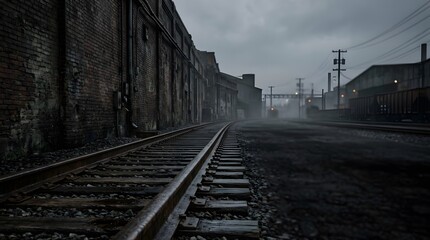 Fototapeta premium Railway tracks are positioned alongside old industrial buildings on a cloudy day. Fog covers the area, and the scene shows a quiet moment in an urban setting