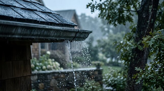 Rainwater drips from the edge of a roof into a garden. Nearby buildings and green plants are visible in a quiet neighborhood on a rainy day