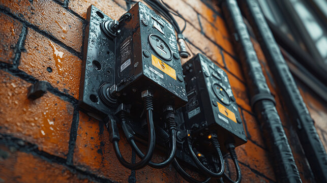 Close-up of Electric Meter Boxes Mounted on a Red Brick Wall