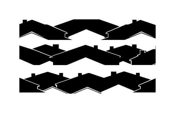 Black, modern house roofline silhouettes, geometric patterns, architectural elements, vector graphics