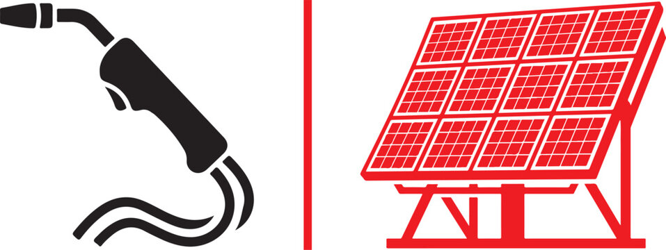 Minimalist vector graphic showing a black welding torch with cables on the left, separated by a vertical red line from a red solar panel array on a ground mount on the right.