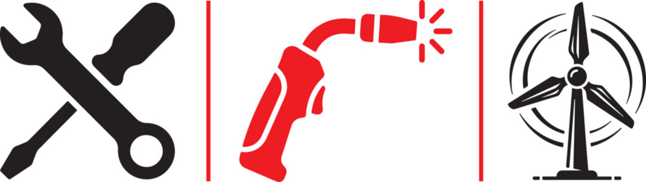 Minimalist industrial vector icon split by vertical red lines into three panels: crossed hand tools, a welding torch producing sparks, and a spinning wind turbine.