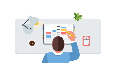 Fototapeta premium Top-down vector illustration of a person organizing their daily schedule in a colorful planner on a tidy desk with a lamp, coffee, and plant.