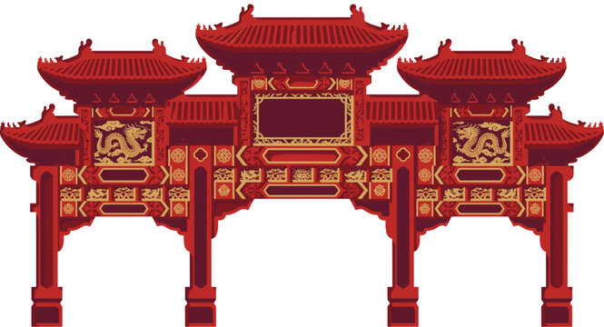 Traditional Chinese Red and Gold Gate Archway with Dragon